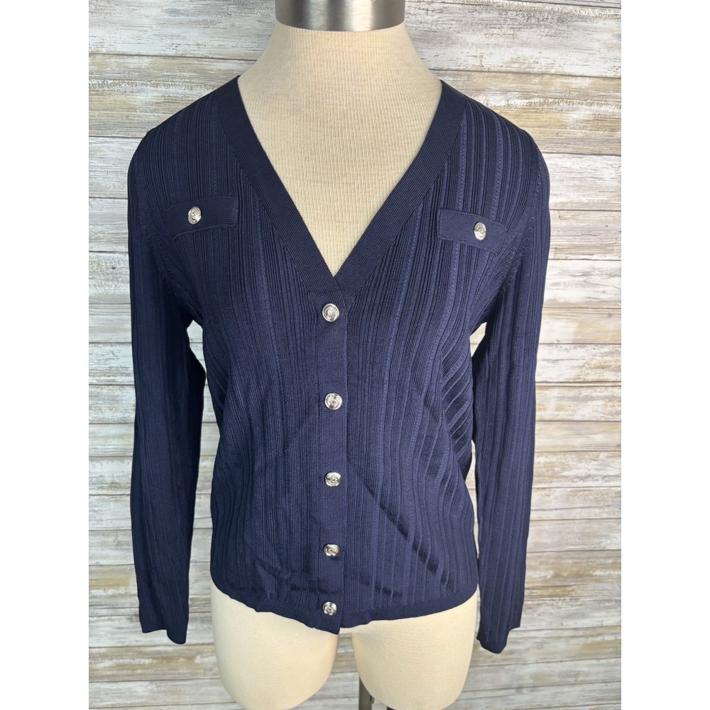 White House Black Market WHBM Womens M Snap Front Cardigan Sweater Stretchy Navy